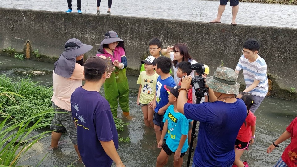 圖文：水規所與霧峰國小踏水尋溪認識在地排水路裡的住民。（黎家興提供）