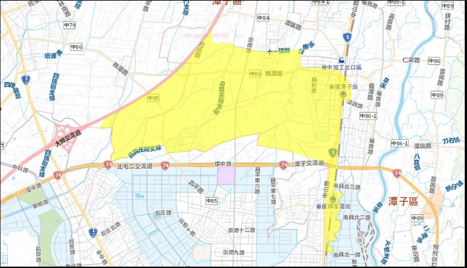 配合潭子區外環路一號道路∮1000公釐SP遷移工程停水影響區域示意圖。(記者劉明福翻攝)