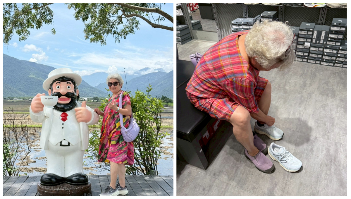 長輩也喜歡上 NB 頂級緩震跑鞋 1080v14，無論是去廟會還是買菜，都能穿著趴趴走。圖/讀者提供、鄭欣宜後製