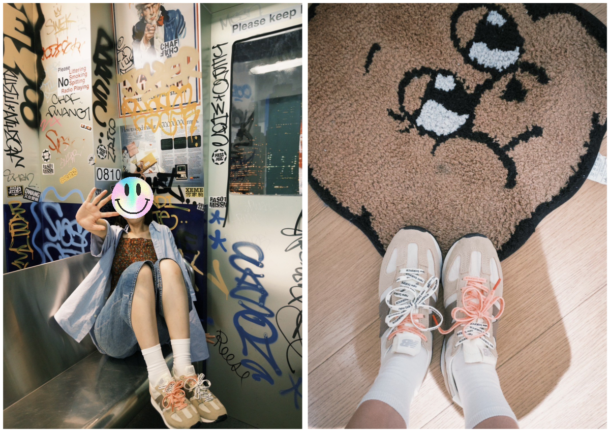 女網友腳上的NB 471米咖色鞋款，搭配橘紅色與白色雙色鞋帶，採用「花花綁法」，讓整體造型更加鮮明。圖/讀者提供、葉佳欣後製