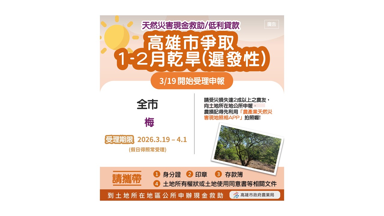 高雄農業局:青梅農損救助3/19起受理