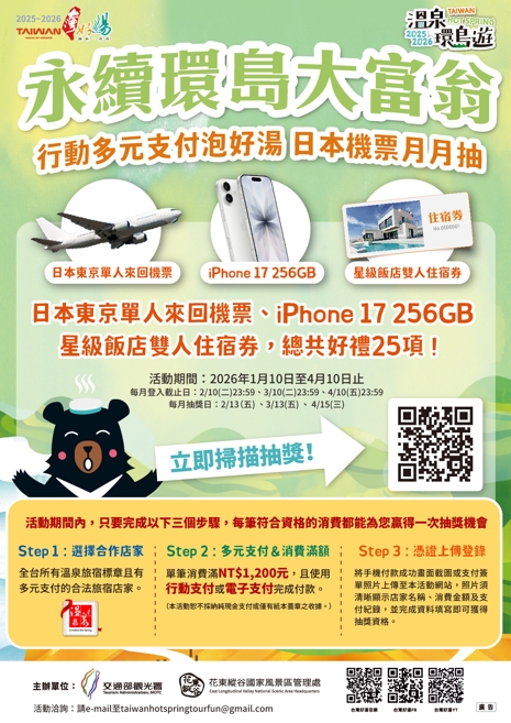 「永續環島大富翁」月月抽活動，有機會帶走日本機票與最新iPhone。圖/交通部觀光署花東縱谷國家風景區管理處提供